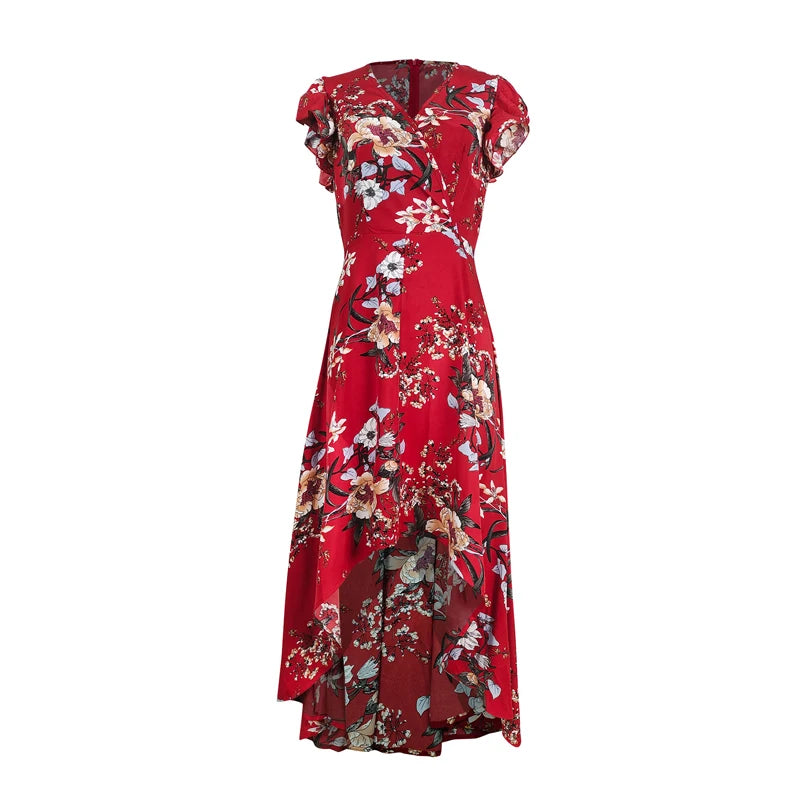 Floral Print Wrap Butterfly Sleeve High Low Hem V-neck