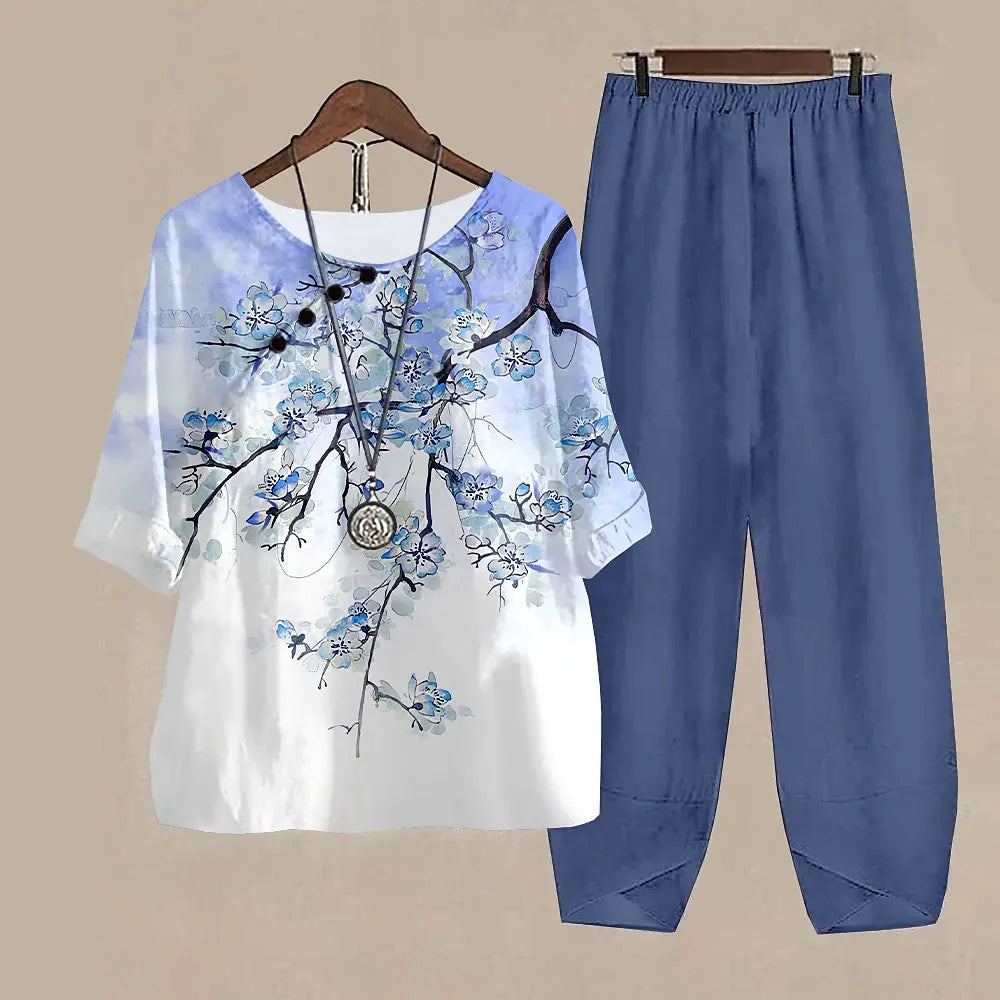 Ladies Elegant Vintage Suit Butterfly Print Two Piece Set Casual Female Loose Outfits O Neck Short Sleeve Shirt With Pants