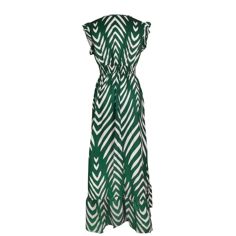 Casual Midi Dress  Arrow Stripe Print  Slim Waist Sleeves V-neck with Ruffled Hem