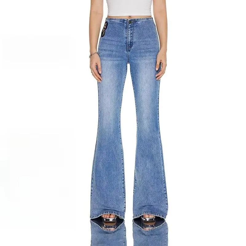 Women High Rise Stretch Flared Jeans With Butterfly Embroidery Stylish-Mid Wash