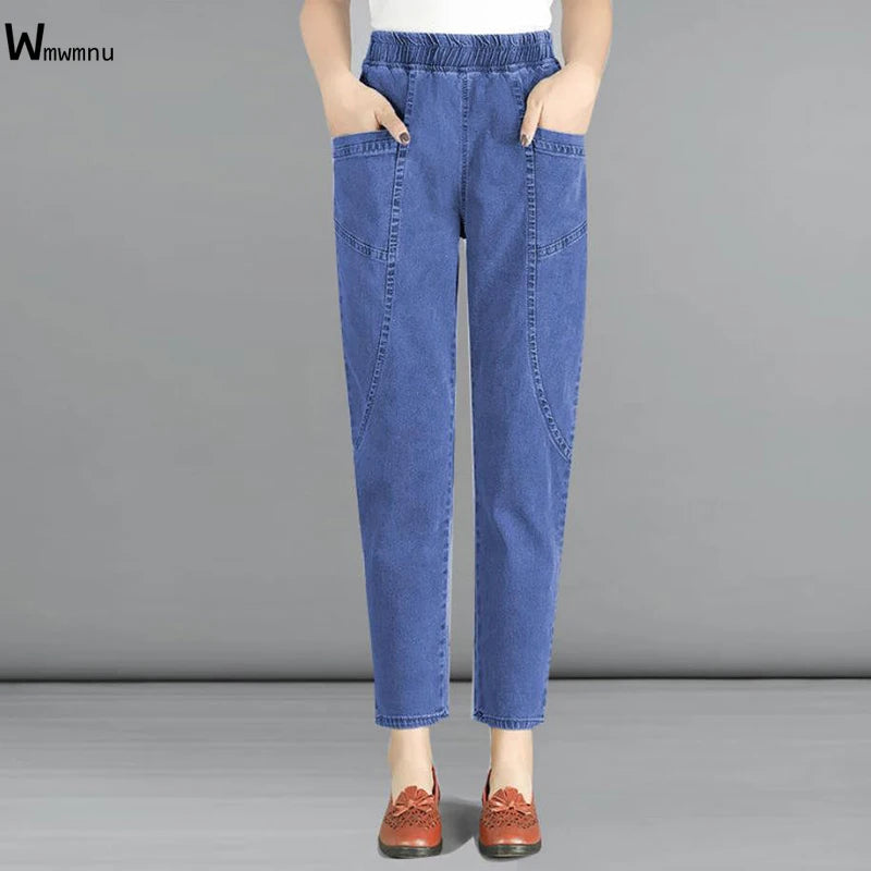 Casual Denim Ankle-length Vintage Baggy Vaqueros Elastic High Waist  Jeans