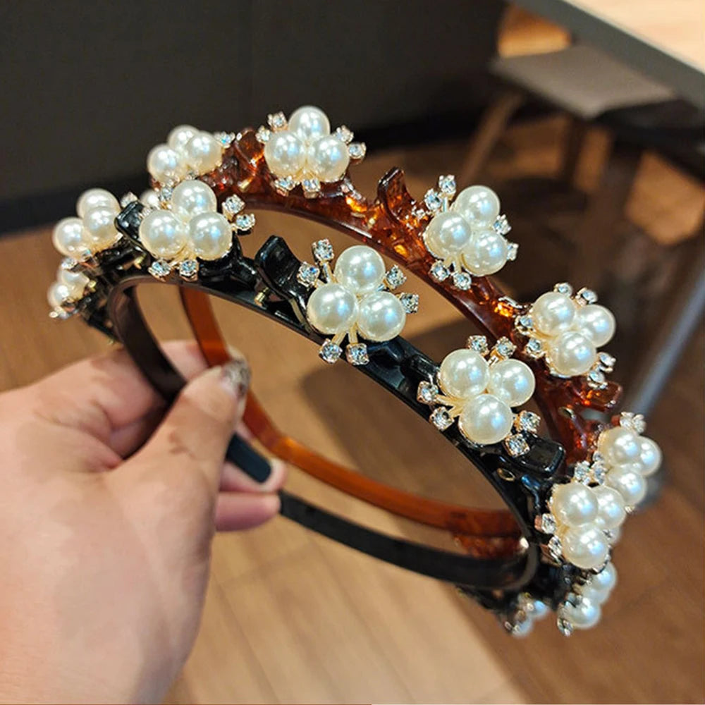 Double Layer Bands Clip Hairbands Fashion Plastic Braided Headband Knitting Women's Headwear Hair Accessories Pearl