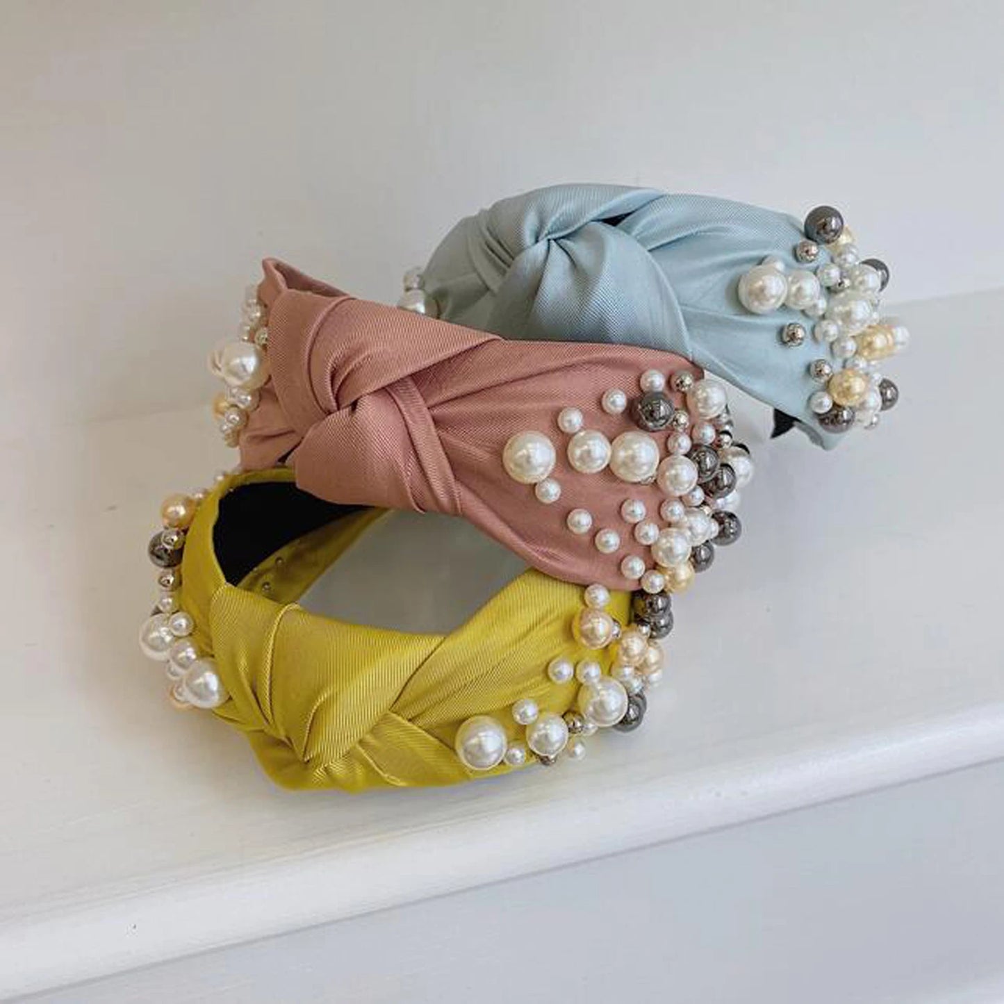 Fashion Women Hair Accessories Wide Side Headband Mix Pearls Baroque Hairband For Adult Center Knot Headwear