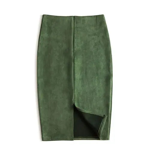 Suede  Knee Length High Waist Office Skirt