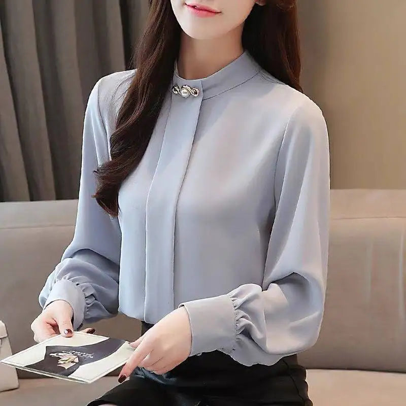 Solid Stand Collar Chiffon Shirt Office  Lantern Sleeve Loose Oversized Blouse