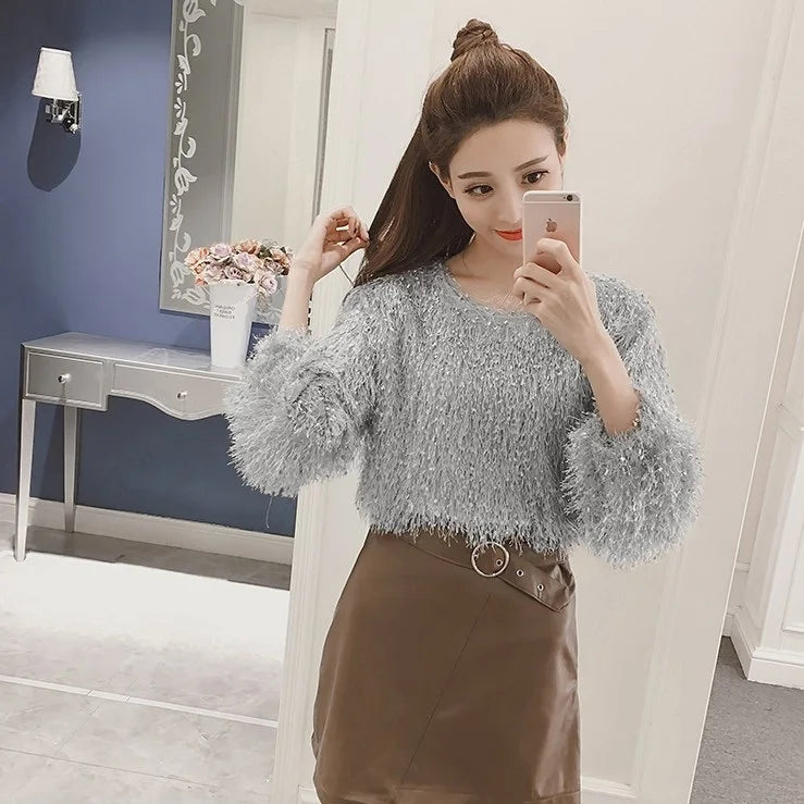 Spring Autumn Tassel O-neck Lantern Sleeve Short Blouses