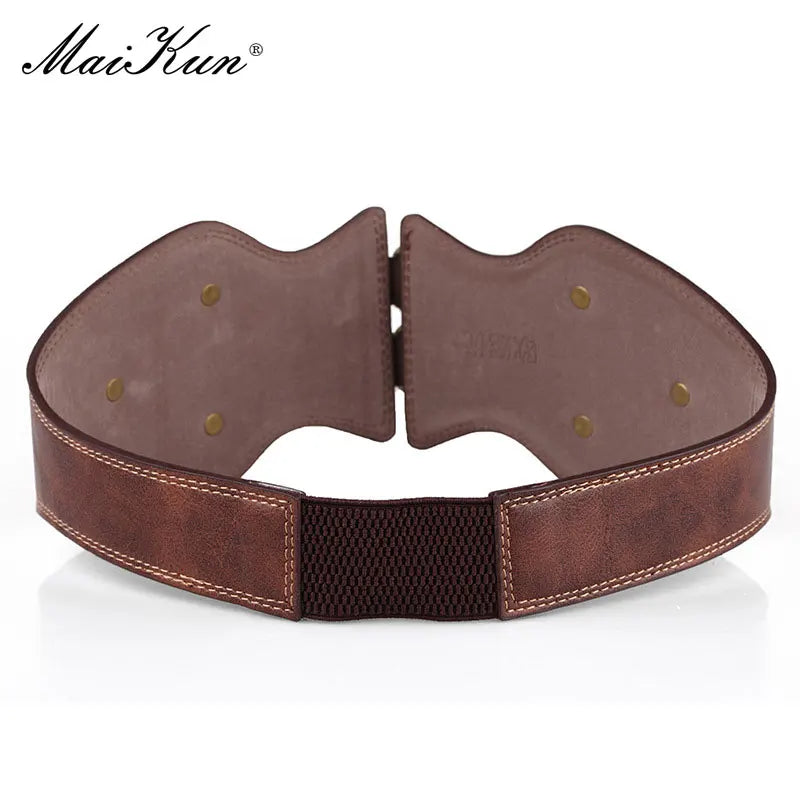 Crazy Horse Leather Double Pin Buckle Women's Elastic Wide Belt All-match Women's Coat Girdle