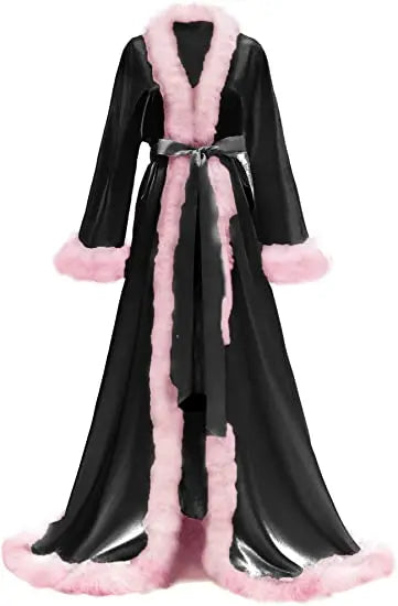 Women's Satin Robe Fur Luxurious Bathrobe Sleepwear Feather Robe with Belt