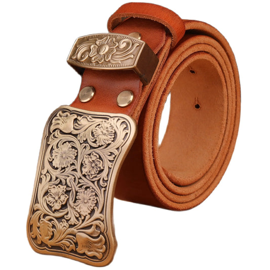 Solid brass flower buckle belt full grain cowhide leather high quality vintage