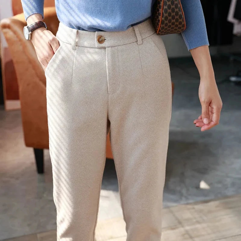 Wool Pants Women's Pencil Pants Autumn Winter High Waisted Casual Suit Pants Office Women Trousers