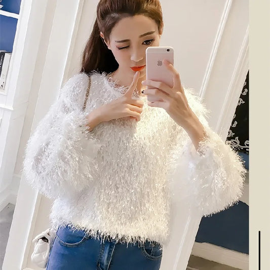 Spring Autumn Tassel O-neck Lantern Sleeve Short Blouses