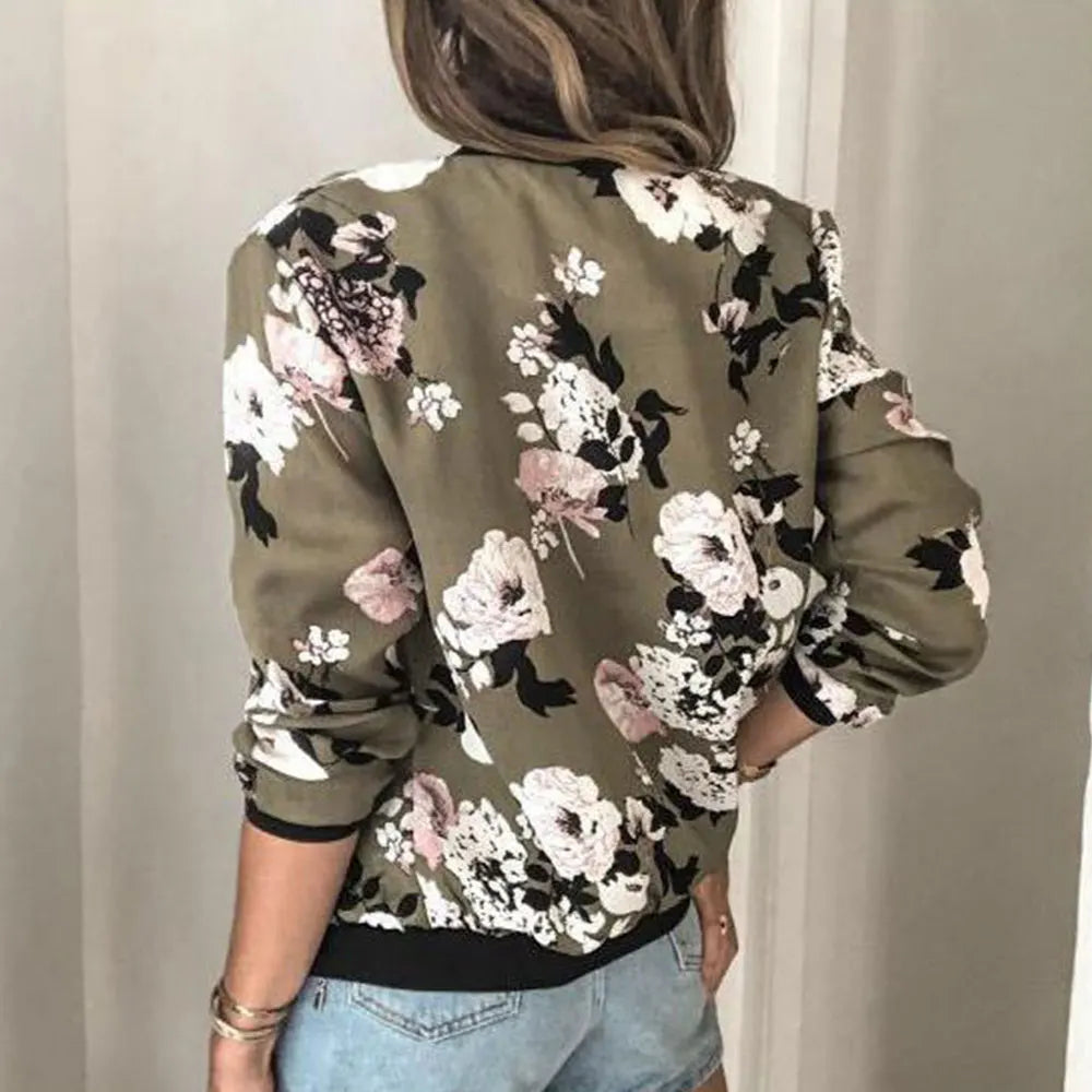 Women Elegant Zipper Bomber Jacket Floral Printed Jackets Office Wear Coat Retro Outwear