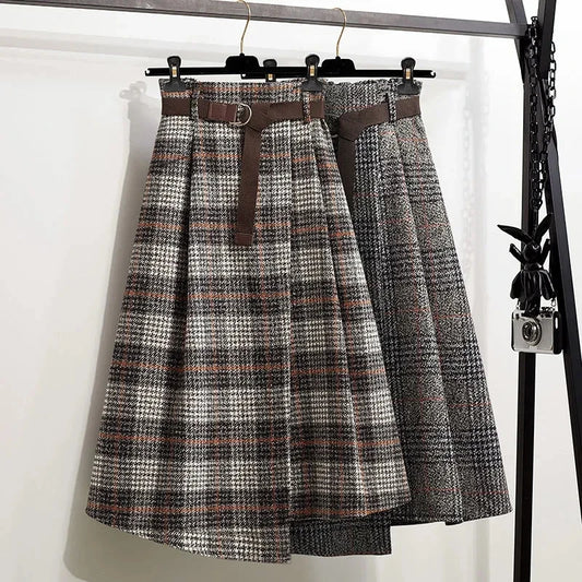 Plaid Vintage Knit Elastic High Waist With Belt A-line  Skirt