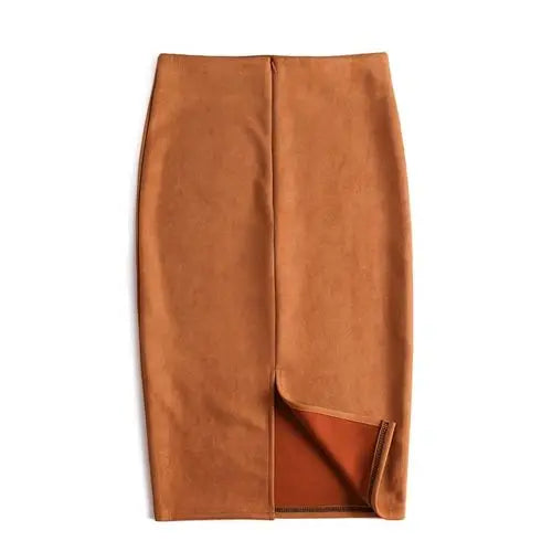 Suede  Knee Length High Waist Office Skirt