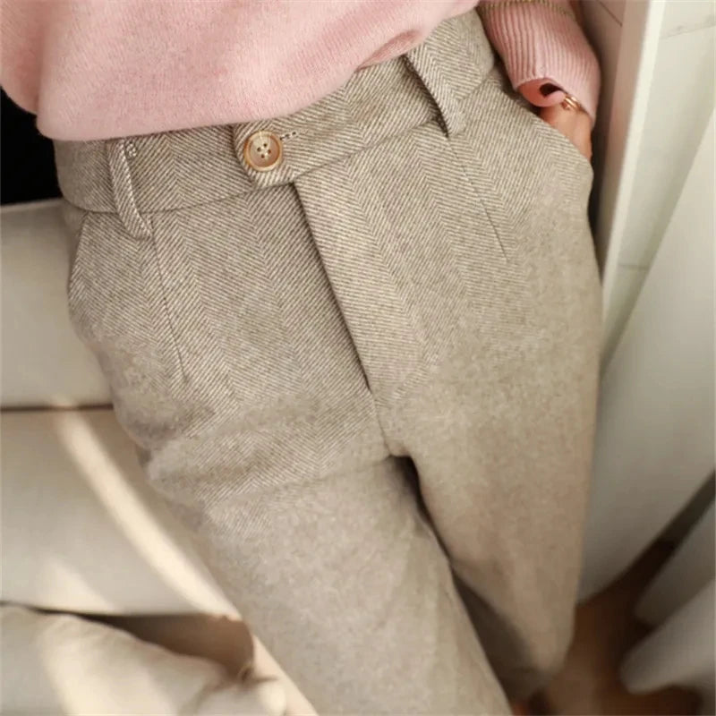 Wool Pants Women's Pencil Pants Autumn Winter High Waisted Casual Suit Pants Office Women Trousers