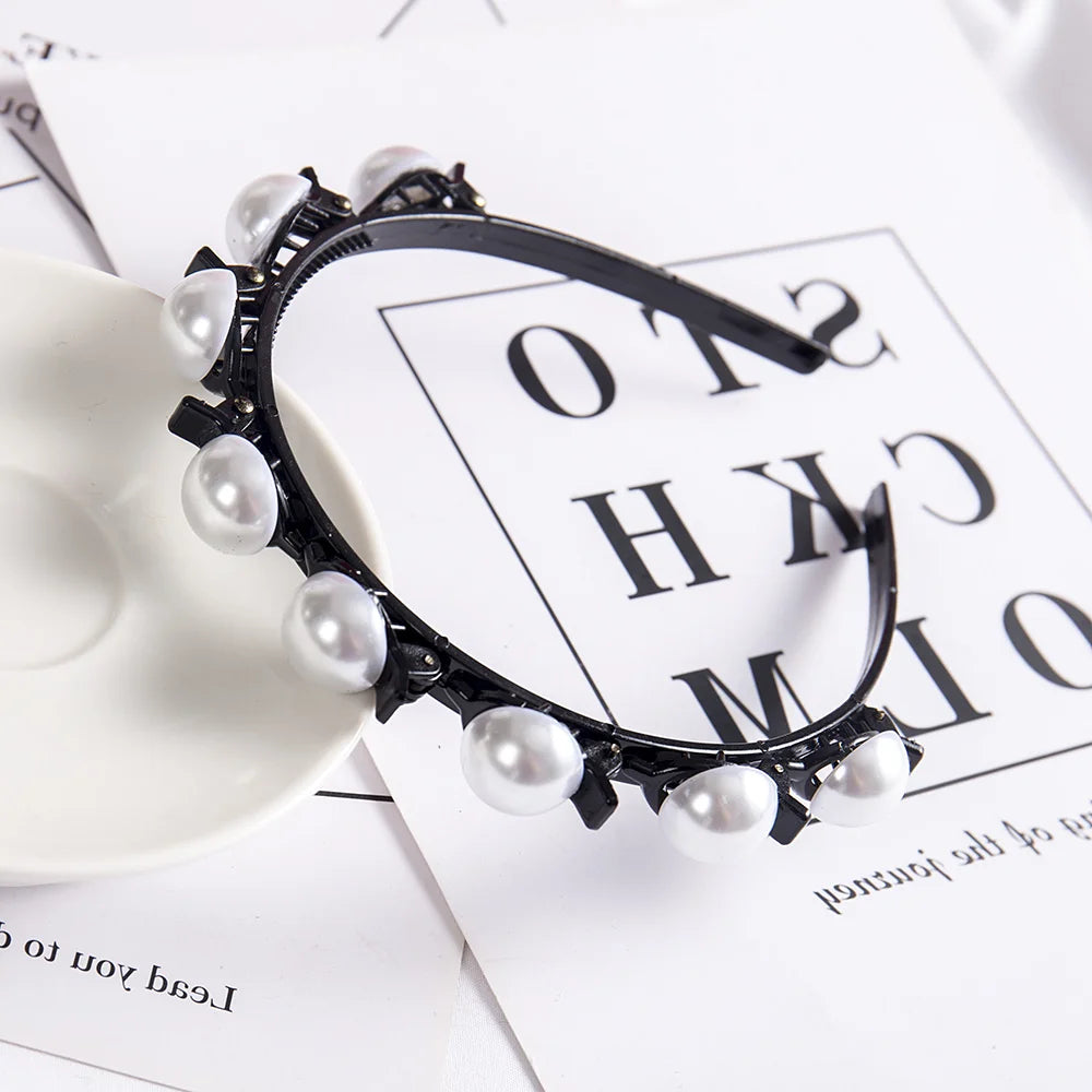 Double Layer Bands Clip Hairbands Fashion Plastic Braided Headband Knitting Women's Headwear Hair Accessories Pearl