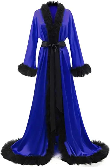 Women's Satin Robe Fur Luxurious Bathrobe Sleepwear Feather Robe with Belt