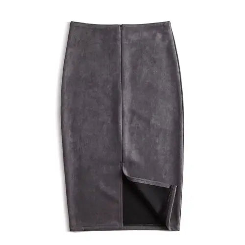 Suede  Knee Length High Waist Office Skirt