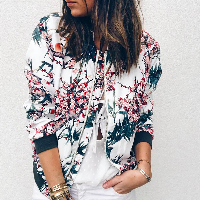 Women Elegant Zipper Bomber Jacket Floral Printed Jackets Office Wear Coat Retro Outwear