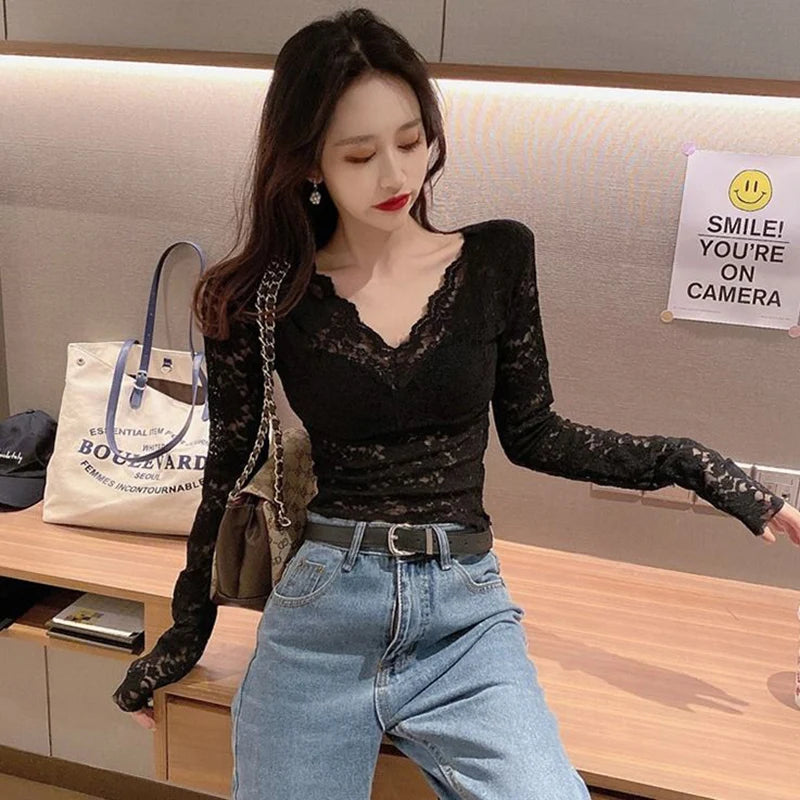 Lace Blouses  Casual Long Lace Sleeve V-Neck