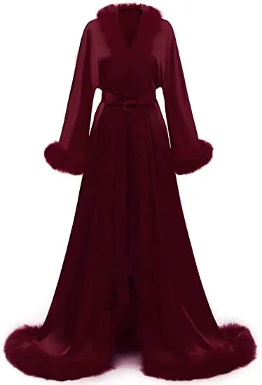 Women's Satin Robe Fur Luxurious Bathrobe Sleepwear Feather Robe with Belt