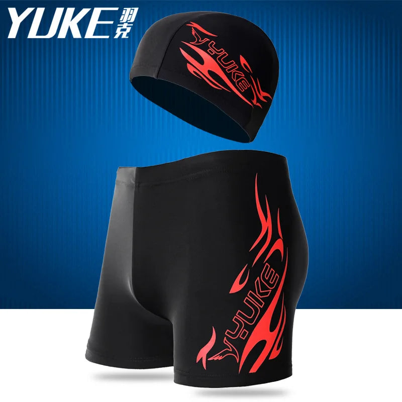 YUKE Men Print Cap Swimwear Comfort Adult Dry Quick Swimsuit Swimming Goggles Cap Set