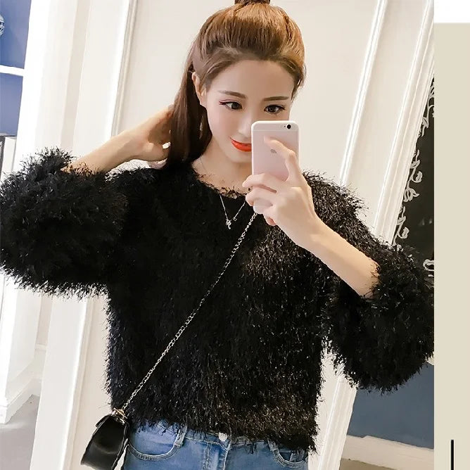 Spring Autumn Tassel O-neck Lantern Sleeve Short Blouses