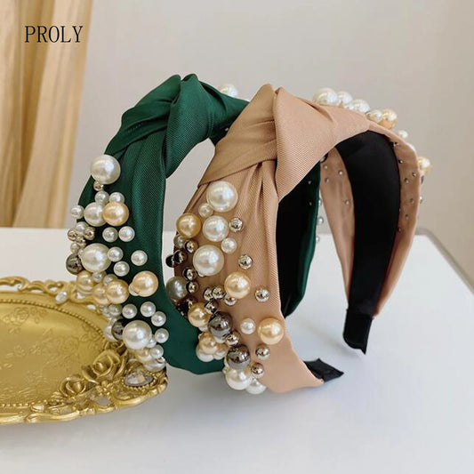 Fashion Women Hair Accessories Wide Side Headband Mix Pearls Baroque Hairband For Adult Center Knot Headwear