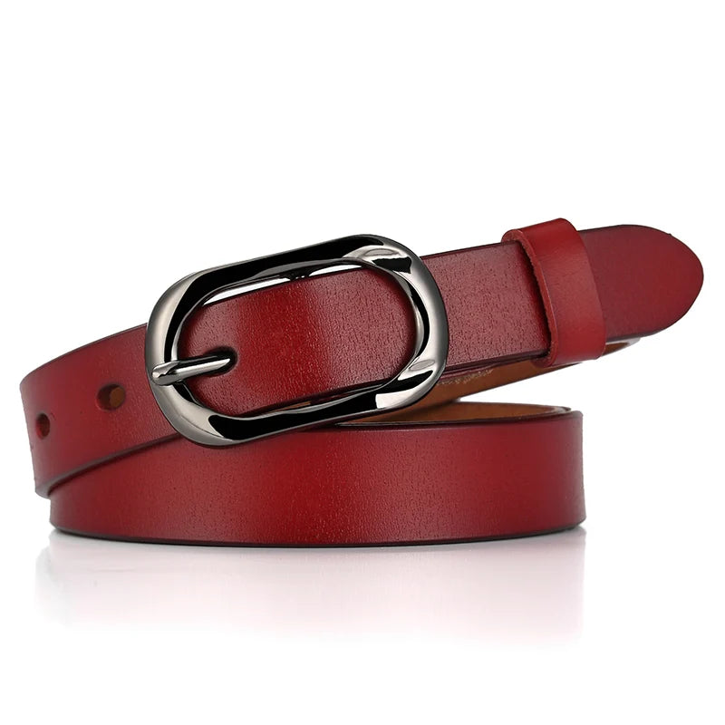 Leather Belt Hard Metal Buckle Natural Cowhide 2.3cm Thin