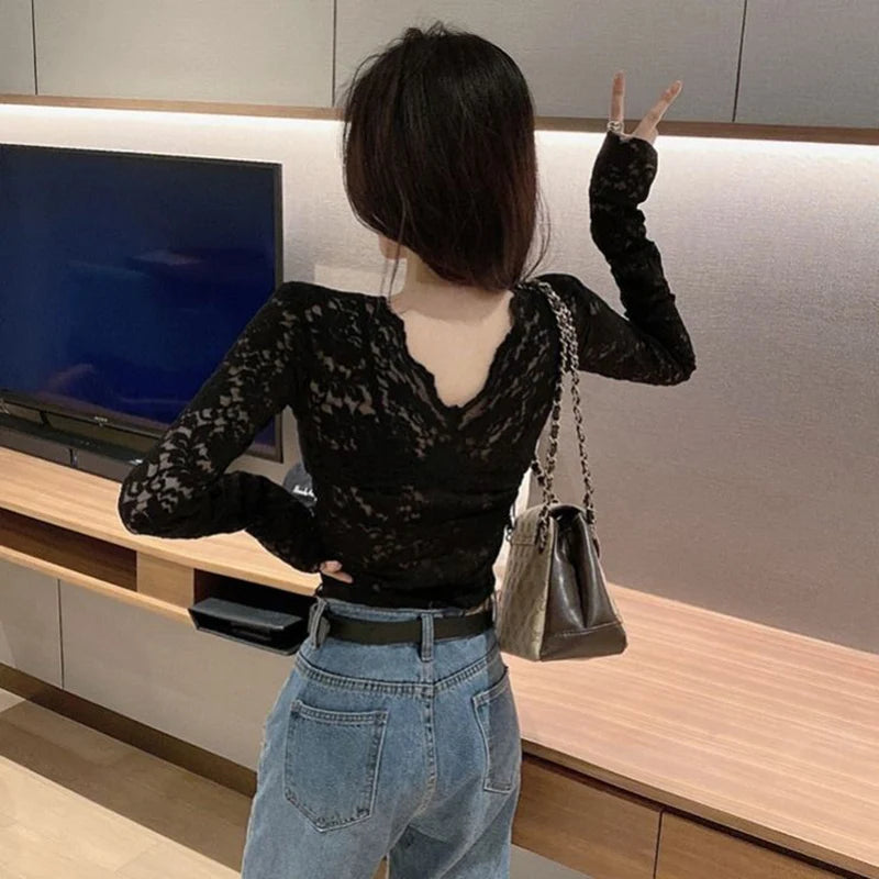 Lace Blouses  Casual Long Lace Sleeve V-Neck
