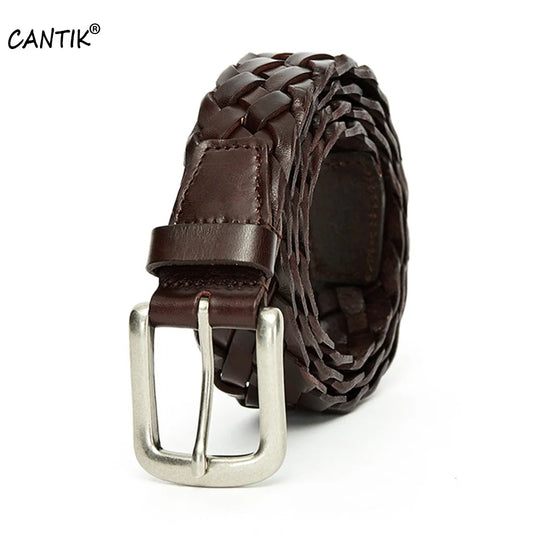 Design Top Quality Weaving Cowhide Leather Belt Alloy Pin Buckle