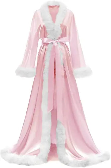 Women's Satin Robe Fur Luxurious Bathrobe Sleepwear Feather Robe with Belt
