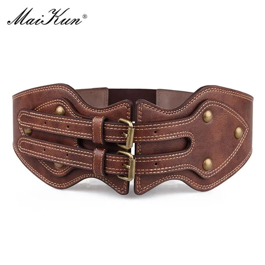 Crazy Horse Leather Double Pin Buckle Women's Elastic Wide Belt All-match Women's Coat Girdle