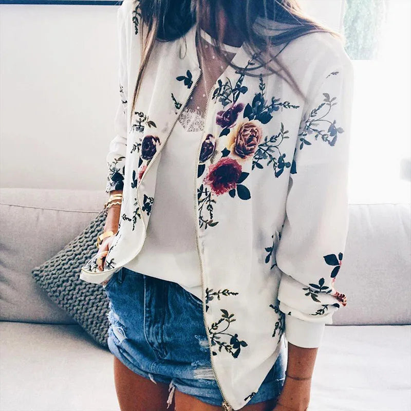 Women Elegant Zipper Bomber Jacket Floral Printed Jackets Office Wear Coat Retro Outwear
