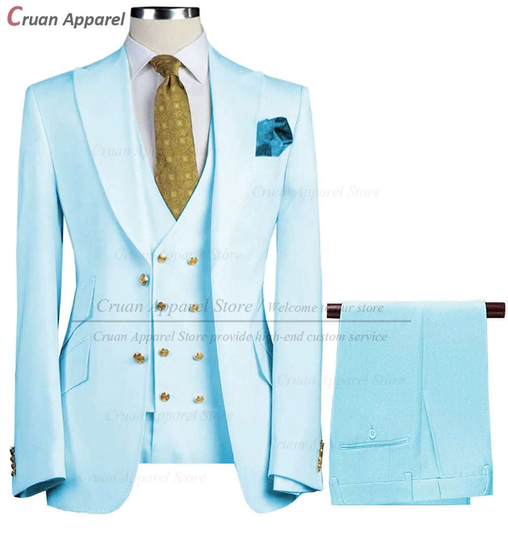 Tailor-made Brand Suits for Men Slim fit Prom Wedding Groom Tuxedo Set Party Gold Buttons Blazer Vest Pants 3 Pieces