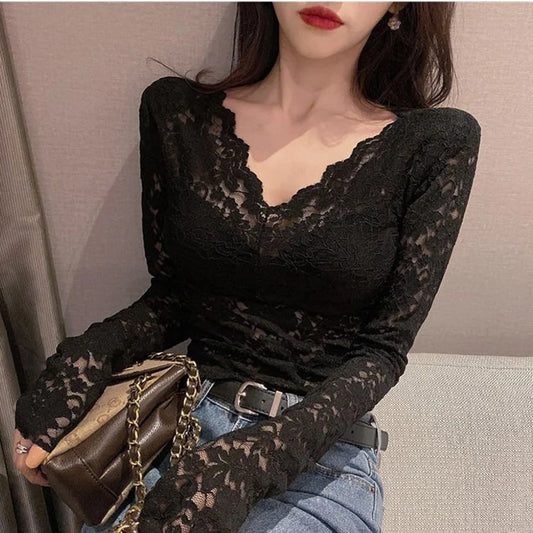 Lace Blouses  Casual Long Lace Sleeve V-Neck