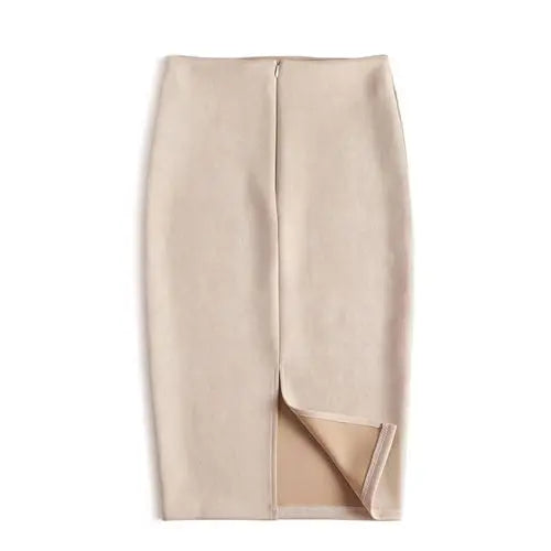 Suede  Knee Length High Waist Office Skirt