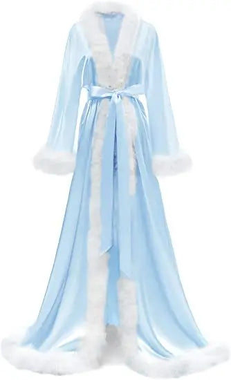 Women's Satin Robe Fur Luxurious Bathrobe Sleepwear Feather Robe with Belt