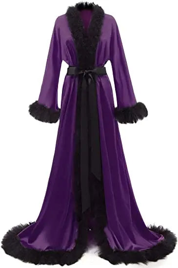 Women's Satin Robe Fur Luxurious Bathrobe Sleepwear Feather Robe with Belt