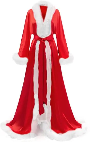 Women's Satin Robe Fur Luxurious Bathrobe Sleepwear Feather Robe with Belt
