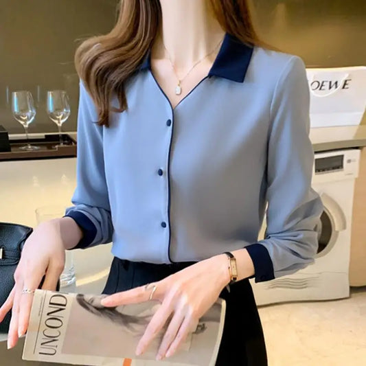 Solid Basic Chiffon Shirts Long Sleeve Lapel Blouse