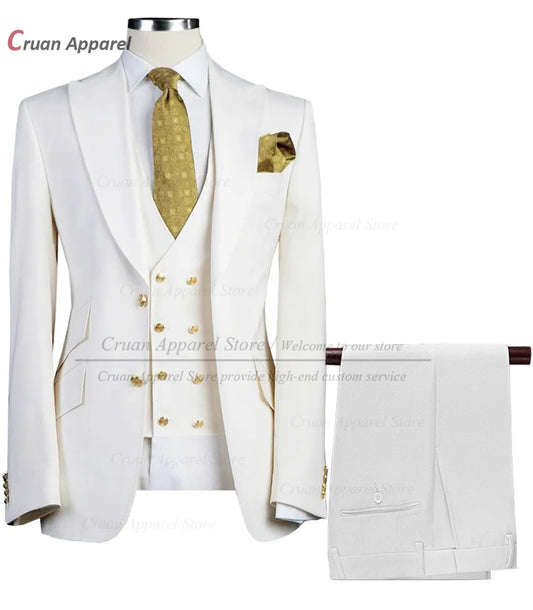 Tailor-made Brand Suits for Men Slim fit Prom Wedding Groom Tuxedo Set Party Gold Buttons Blazer Vest Pants 3 Pieces