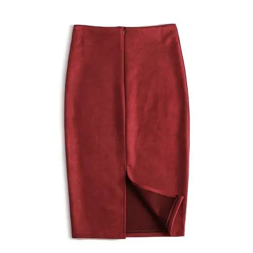 Suede  Knee Length High Waist Office Skirt