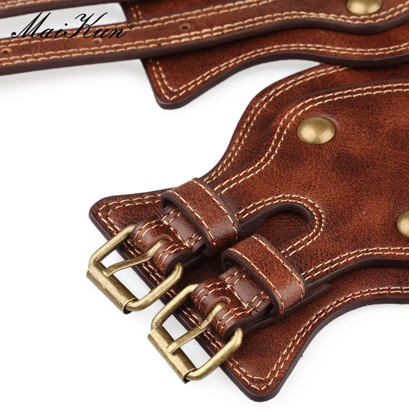 Crazy Horse Leather Double Pin Buckle Women's Elastic Wide Belt All-match Women's Coat Girdle