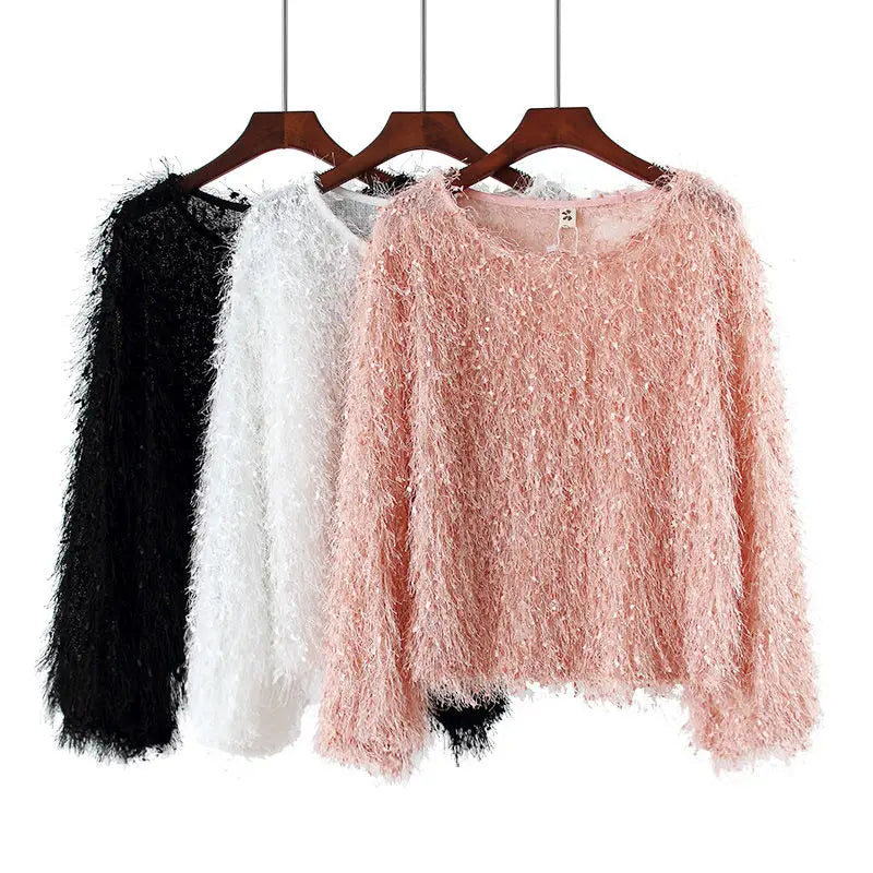 Spring Autumn Tassel O-neck Lantern Sleeve Short Blouses