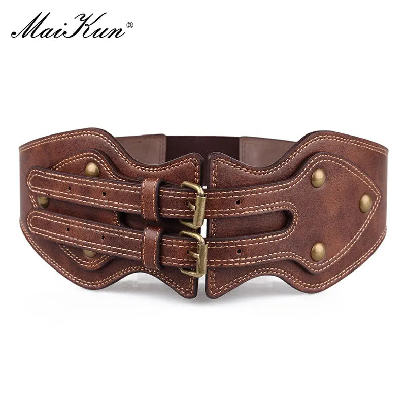 Crazy Horse Leather Double Pin Buckle Women's Elastic Wide Belt All-match Women's Coat Girdle