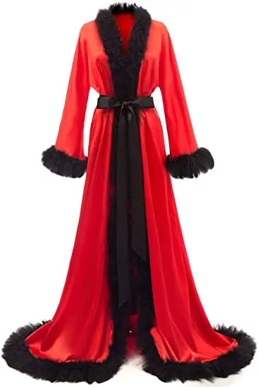 Women's Satin Robe Fur Luxurious Bathrobe Sleepwear Feather Robe with Belt