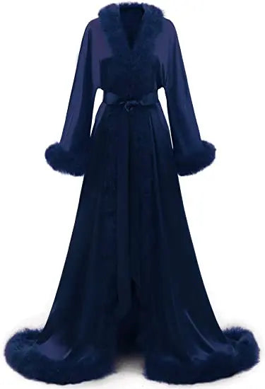 Women's Satin Robe Fur Luxurious Bathrobe Sleepwear Feather Robe with Belt