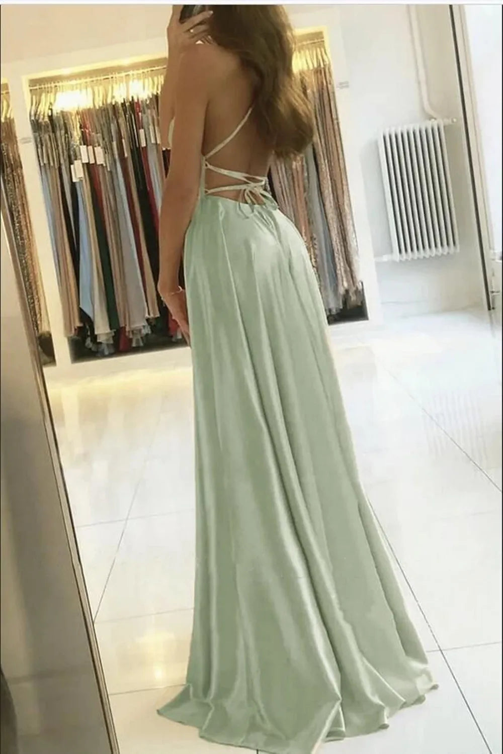Elegant Dusty Green Long Prom Dress Sexy Backless Side Slit Halter Satin Evening Party Gowns