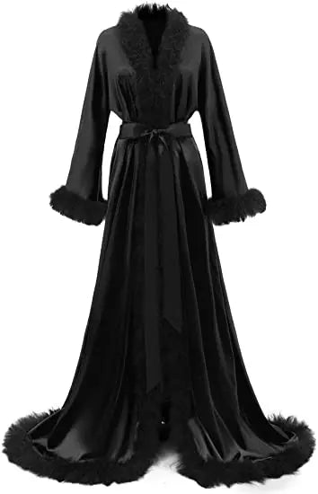 Women's Satin Robe Fur Luxurious Bathrobe Sleepwear Feather Robe with Belt
